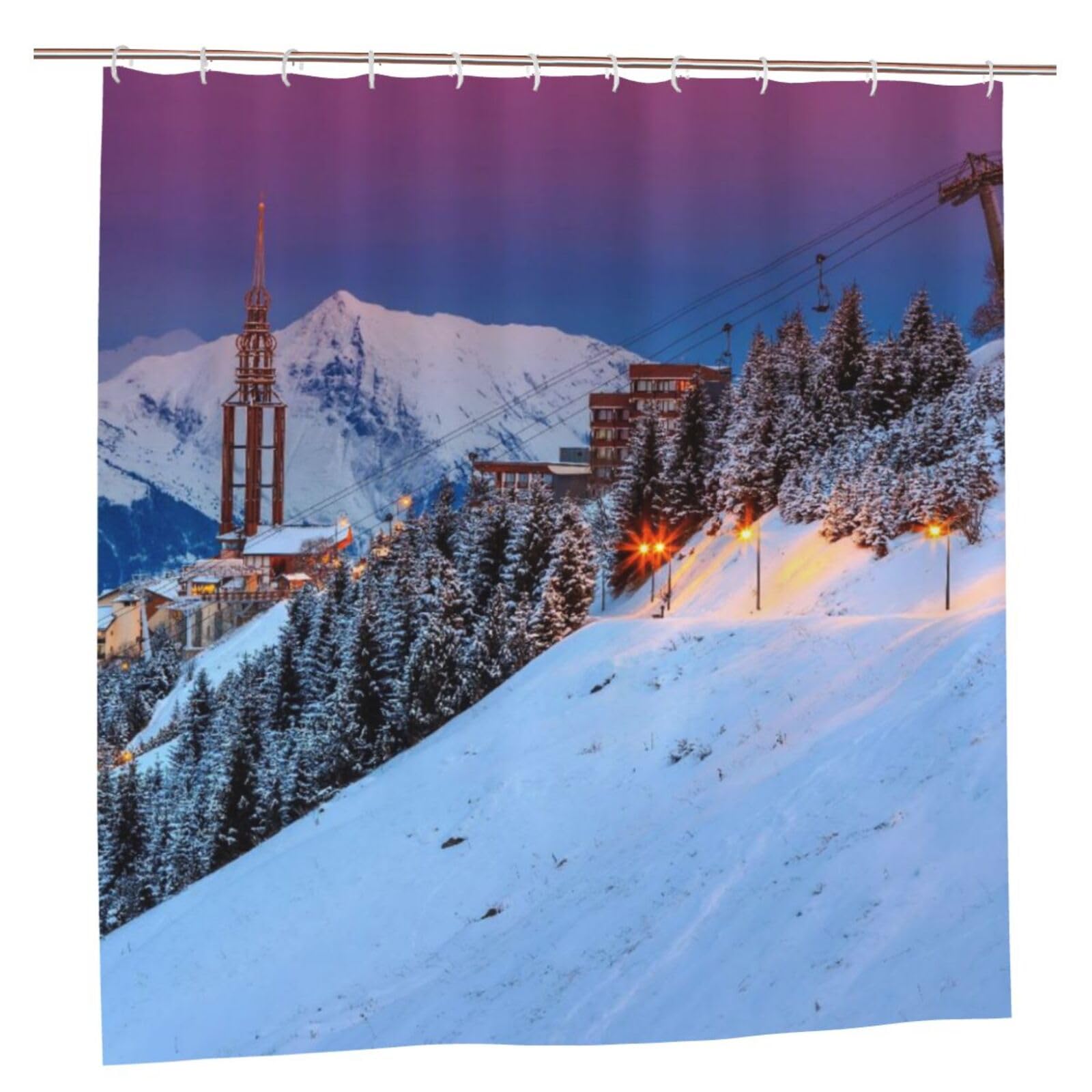 Oudrspo Polyester Fabric Shower Curtain - 70x70 Inch with Metal Grommets, Artistic Privacy Design, Majestic Winter Sunrise Landscape Ski Resort Street Lights in French Les Menuires Vallees