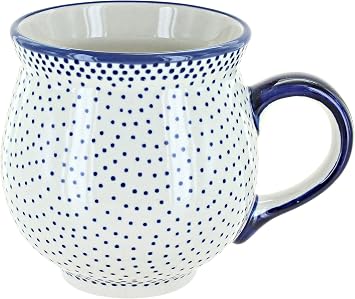 Blue Rose Polish Pottery - Blue Small Dots Large Bubble Mug - 16 oz - Unique Shape Mug for Coffee & Tea