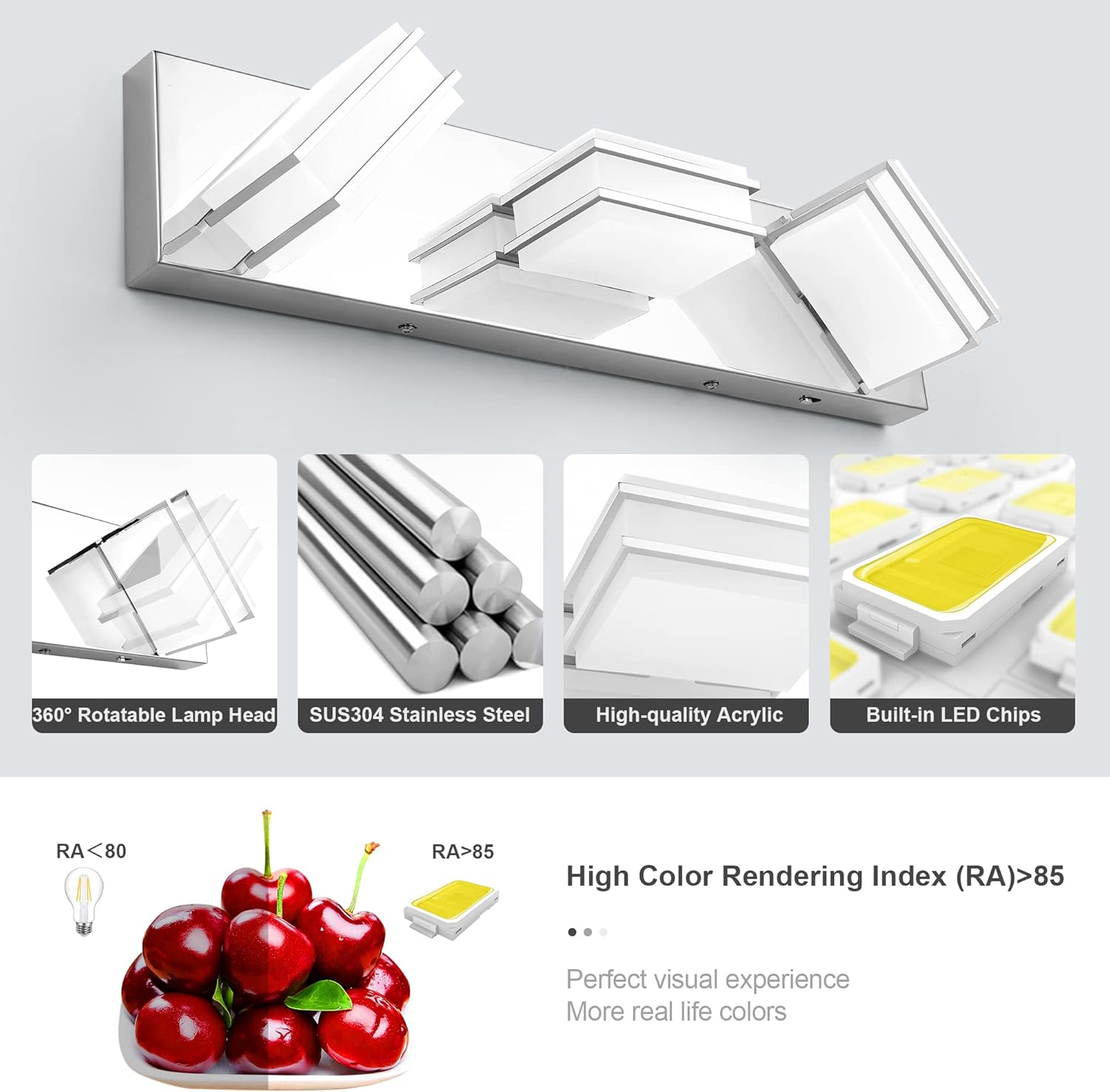 3 Color Temperature Dimmable Bathroom Light Fixtures over Mirror, LED Chrome 3 Light Vanity Lighting Fixtures, Acrylic Stainless Steel Square Shade Vanity Lights for Bathroom, ETL Certificated