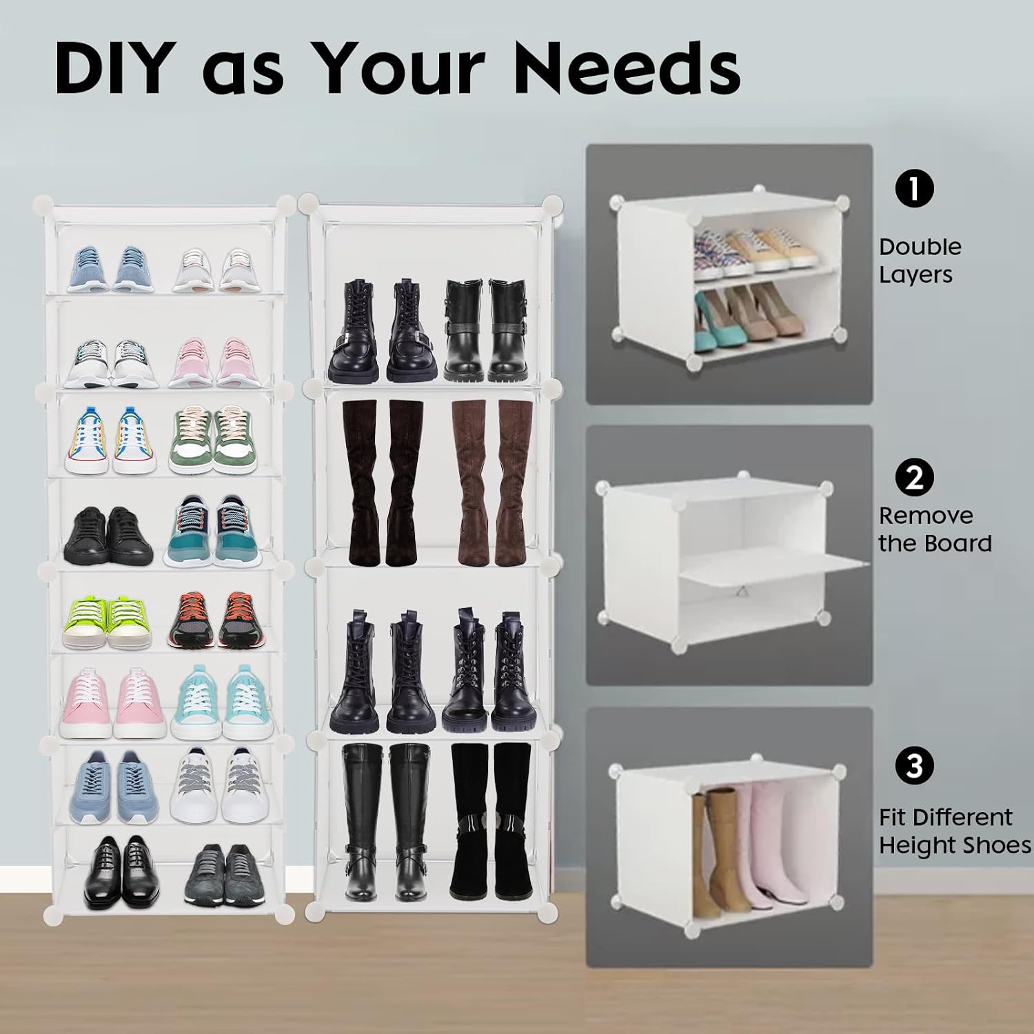 8 Tier Shoe Rack, Detachable Shoe Storage Cabinet for 16 Pair Shoes, Shoe Shelves Organizer for Closet Hallway Bedroom Entryway (Black) (Black) (White)