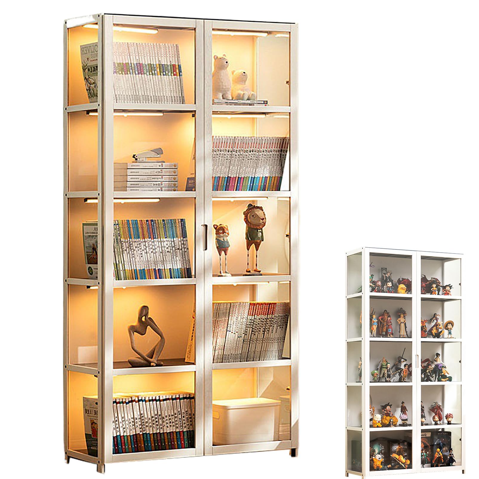 Vitrina Expositora para Colecciones, vitrinas de Cristal, libreria con Puertas, vitrinas+expositoras+Marco Bambu, estanteria Figuras Coleccion 62 * 33 * 130cm(4 Capas) Blanco