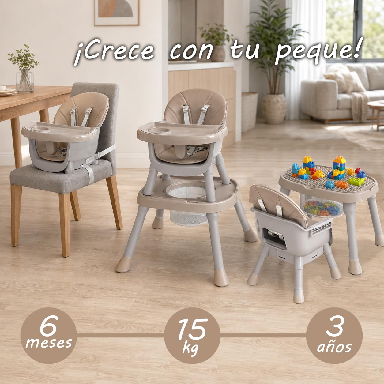 Twinly Ani - Seggiolone 4 in 1, trasformabile in seggiolone per bambini, multifunzione, con vassoio e imbracatura, tavolo e sedia per bambini, fino a 15 kg, colore: marrone