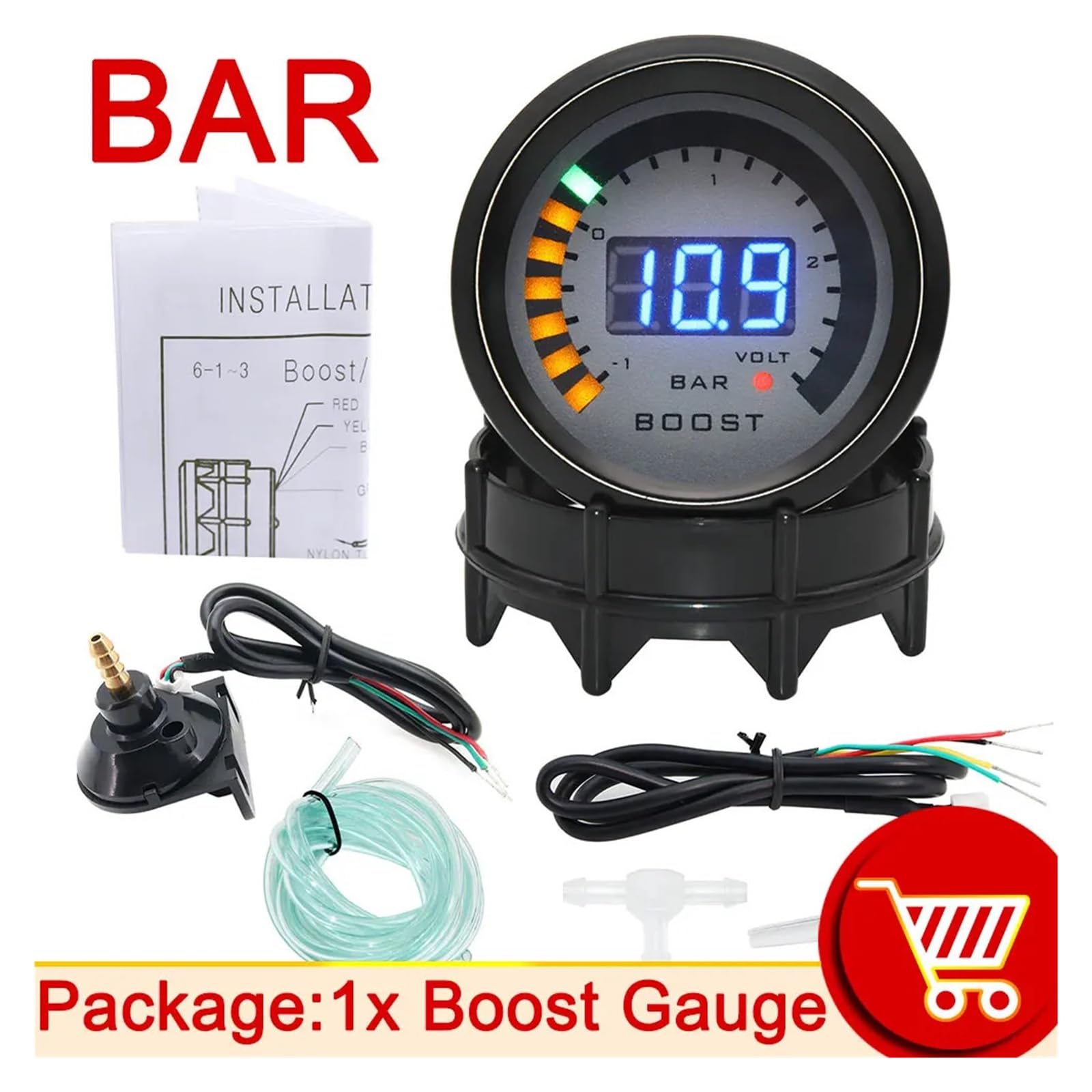 Ciśnieniomierz, Wskaźnik ciśnienia doładowania HD cyfrowy PSI BAR wskaźnik Turbo Boost woltomierz 52mm 12V LED, zestaw wyścigowy Turbo regulator ciśnienia(Boost gauge bar)