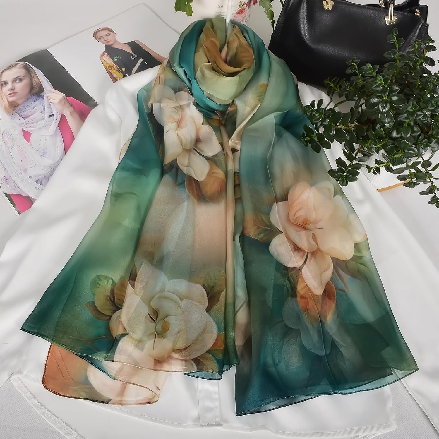 100% Mulberry Silk Women's Neck Silk Scarf-Lightweight Shawl,FLoral Print Beach Silk Wrap-Scarves for Photography - Image 2