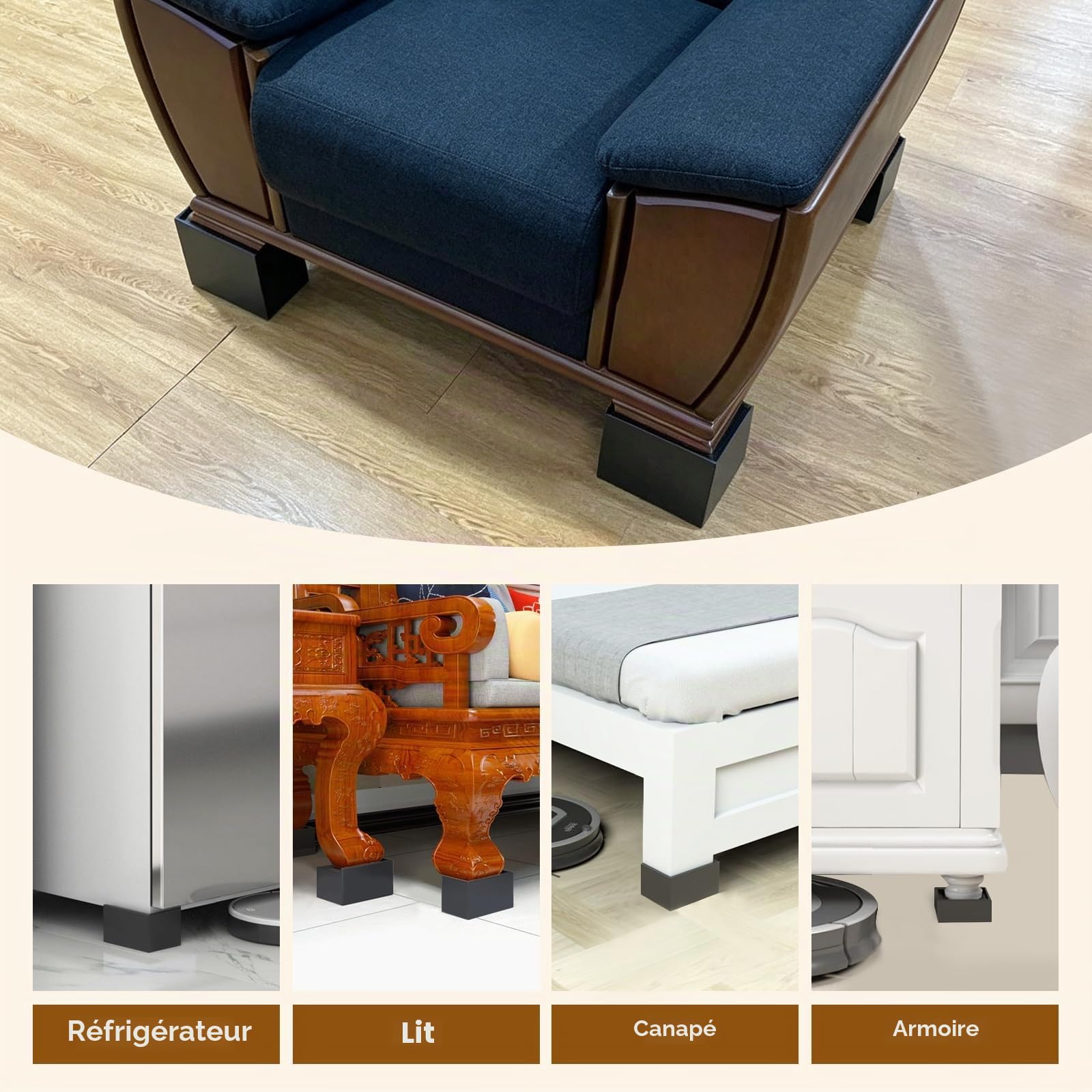 Grand Rehausseur De Lit, 4 Pièces, Larges Et Rectangulaires, Robustes, Pour Meubles, Hauteurs De 3 Pouces, Pour Lit, Canapé, Chaise, Levage De Machine à Laver