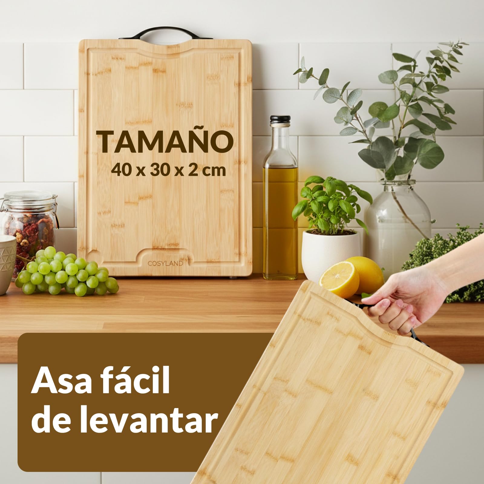 COSYLAND Tabla de Cortar de Madera 40x30x2 cm Preaceitada con Ranura para Jugos y Patas Antideslizantes