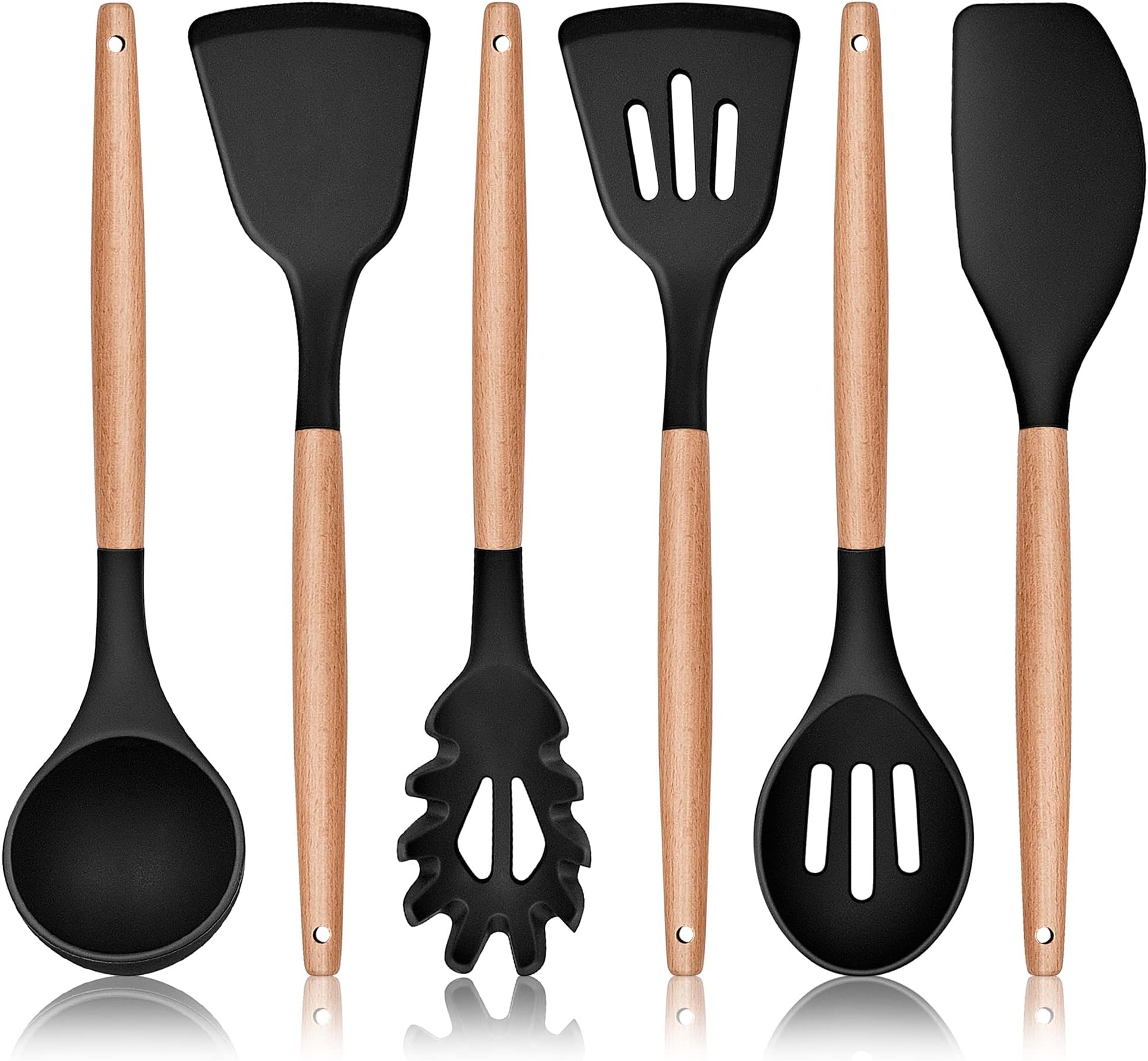 Kitchen Utensils Set, 6 Piece Silicone Cooking Utensils Set, Non-Stick Spatula Turner Spoon with Wooden Handle, Heat Resistant Kitchen Tools for Nonstick Cookware - Black