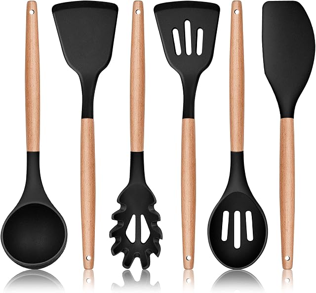 Herogo Kitchen Utensils Set, 6 Piece Silicone Cooking Utensils Set, Non-Stick Spatula Turner Spoon Utensil with Wooden Handle, Heat Resistant Kitchen Tools for Nonstick Cookware - Black