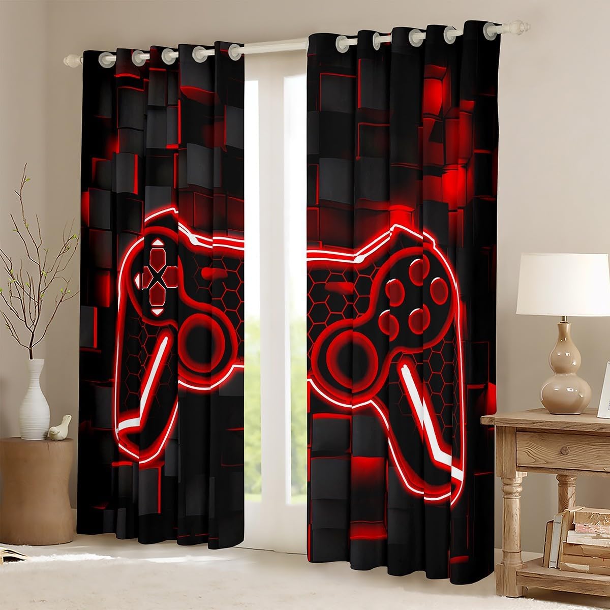 Feelyou Kids Gamer Curtains for Bedroom Living Room (2 Panels, 38 x 45 Inch) Red and Black Darkening Drapes for Boys Gaming Ombre 30%-50% Blackout Curtains Geometric Square Window Treatments