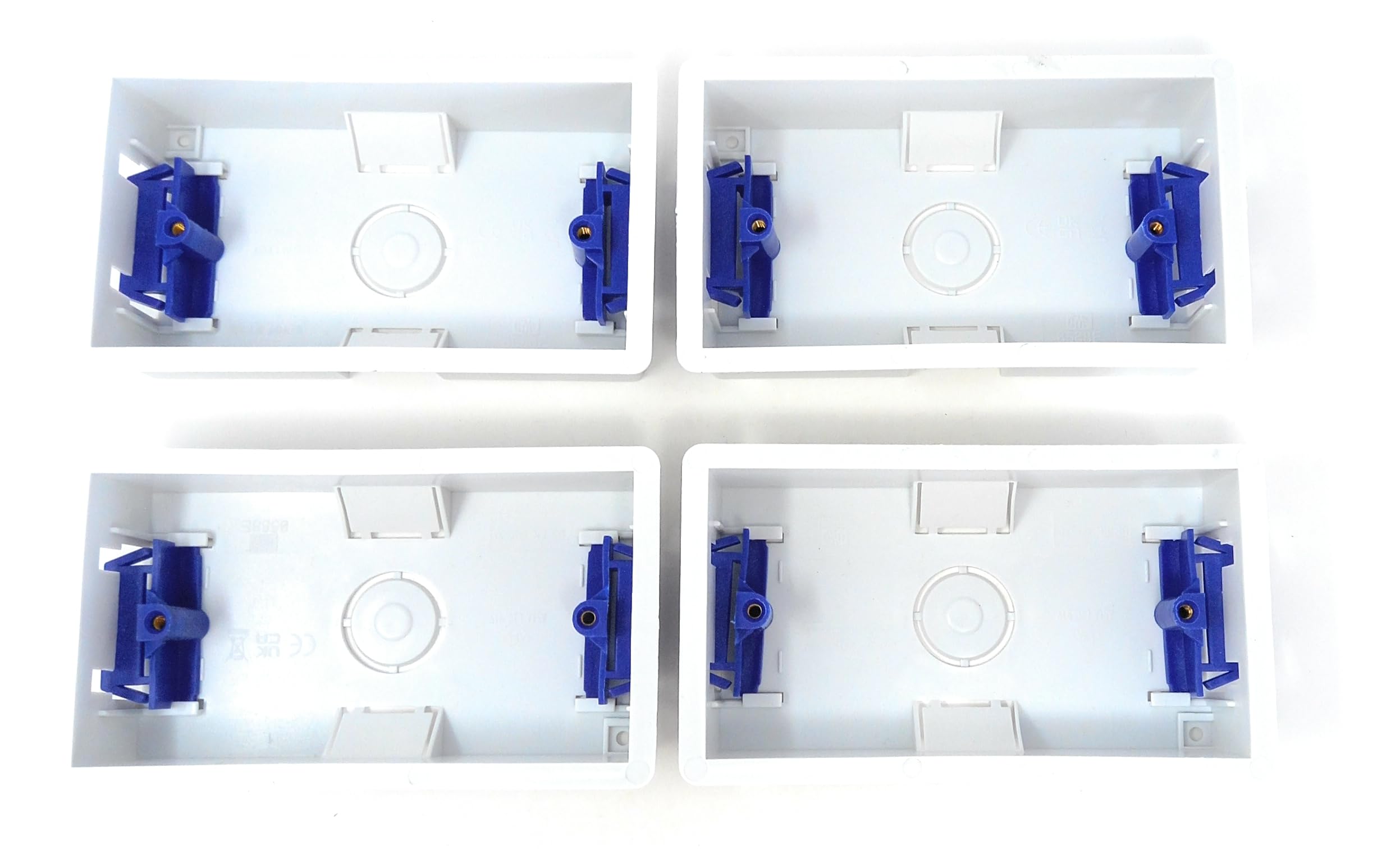 4pcs Dual 2 Gang Dry Lining Back Plasterboard Surface Pattress Box with Adjustable Lugs 35mm Deep, for Faceplate Set of 4