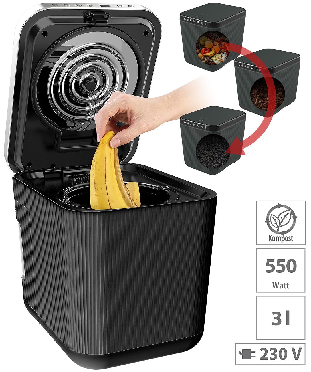 Rosenstein & Söhne Komposter elektrisch: Elektrischer Kompostierer, 3 l, 550 Watt, Autoclean, Aktivkohlefilter (Elektrischer Küchenkomposter, Komposteimer, Mülltrennsystem)