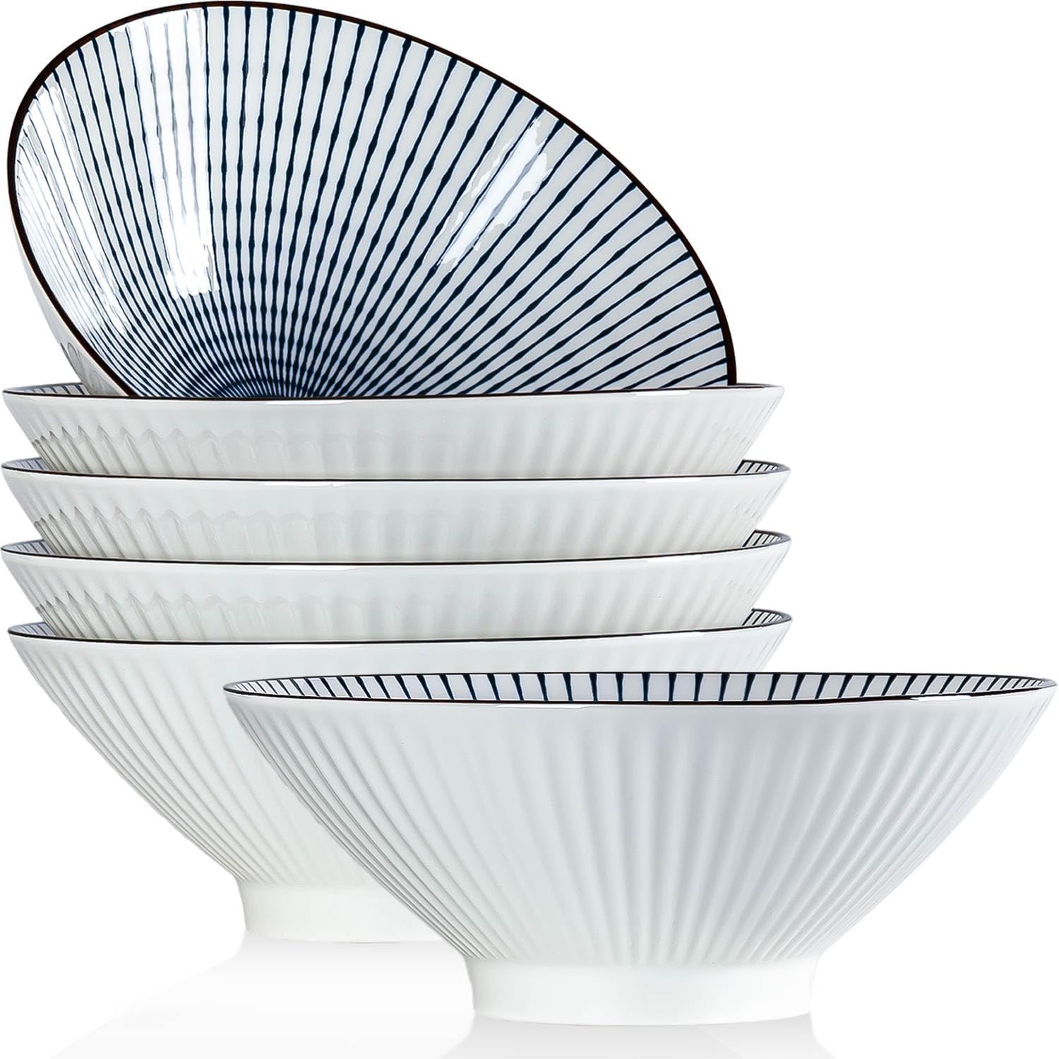 QINLANG 38 oz Japanese Ramen Bowls Set of 6, Pho Bowls, 8 Inches Blue and White Ceramic Soup Bowls, Stripe Pattern
