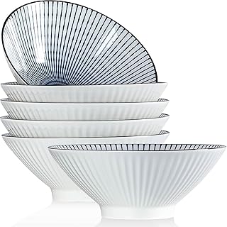 QINLANG 38 oz Japanese Ramen Bowls Set of 6, Pho Bowls, 8 Inches Blue and White Ceramic Soup Bowls, Stripe Pattern