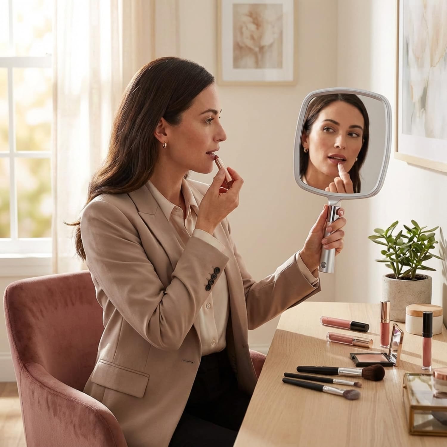 Mirrorvana Specchio a mano portatile grande per trucco con manico ergonomico - specchio cosmetico argento