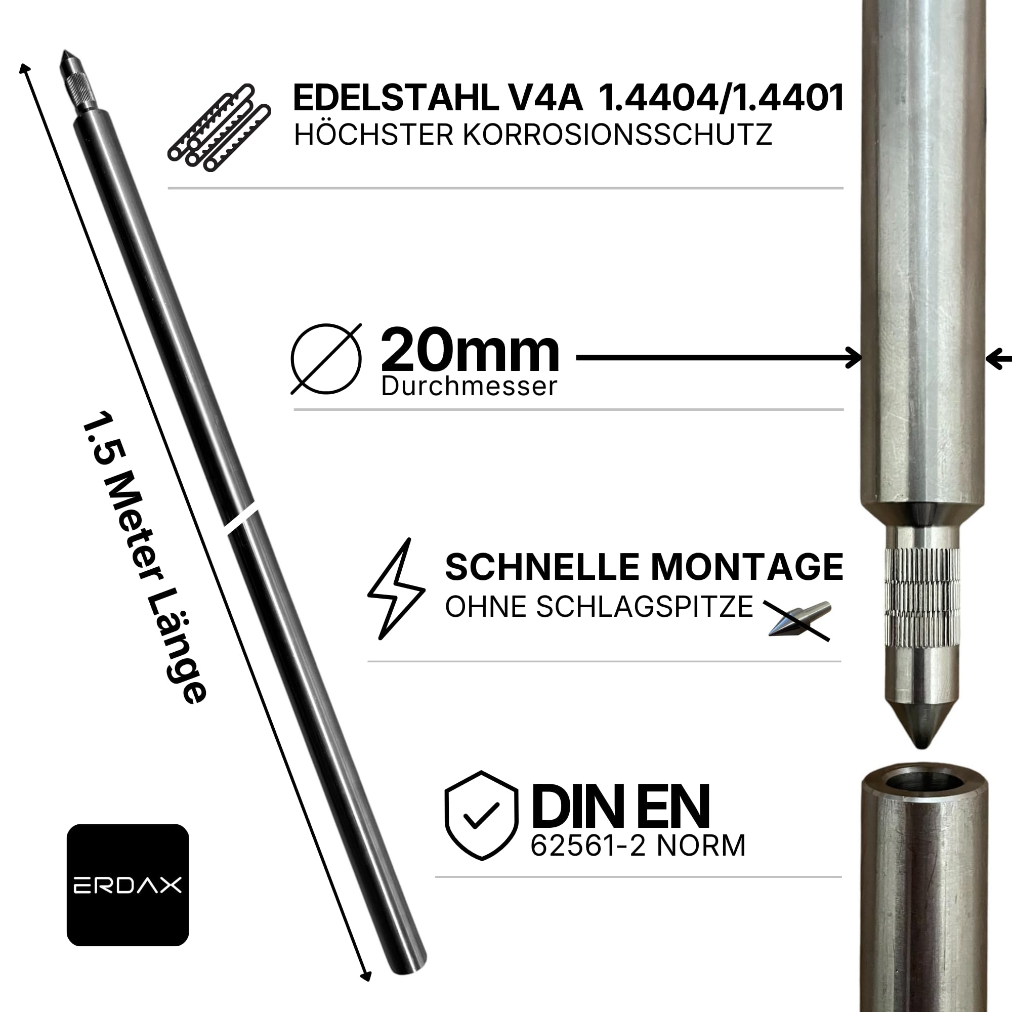 Tiefenerder V4A Set 3x 1,5m - Erdungsstangen 20mm Durchmesser aus Edelstahl + Kreuzerder Klemme - Erdungsstab für Erdungskabel PV Anlage Staberder Erdungsspiess 1,5m Erdung Komplettset