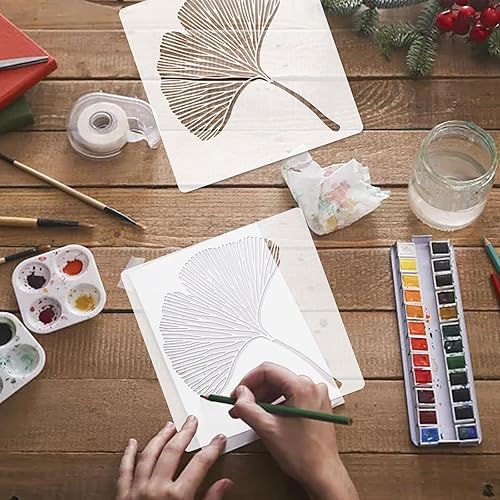 Miniatura 6 de Paquete de 2 plantillas de suelo grandes para pintar pisos, plantillas de pared de Ginkgo de 12 x 12 pulgadas, plantillas decorativas de pared para