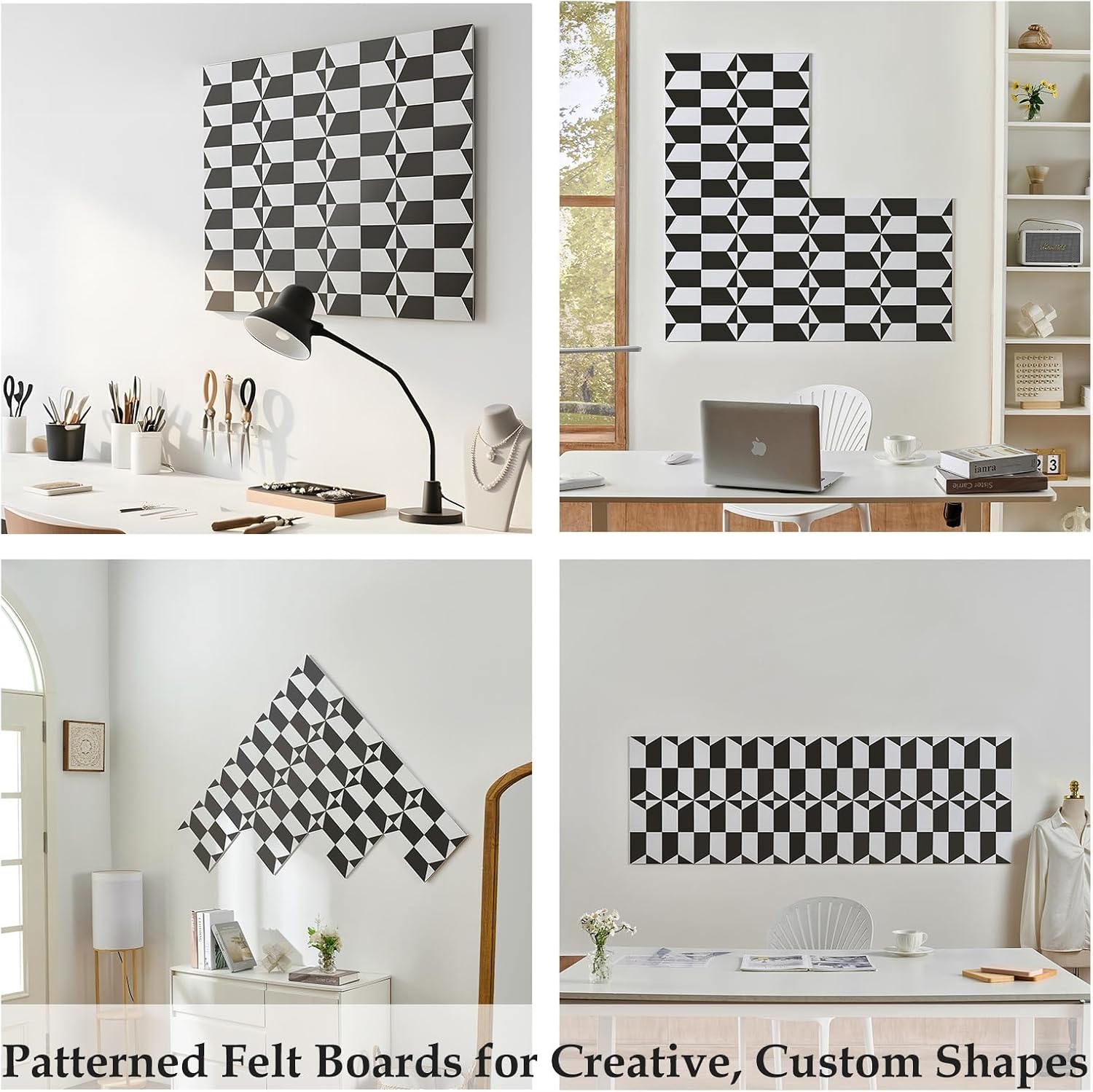 Lightomorrow 12-Pack Felt Wall Tiles, Large Bulletin Board with Safe Removable Adhesive Tapes, 11.8 x 11.8in Panels Alternative for Home Wall Decor, Black-and-White Pattern