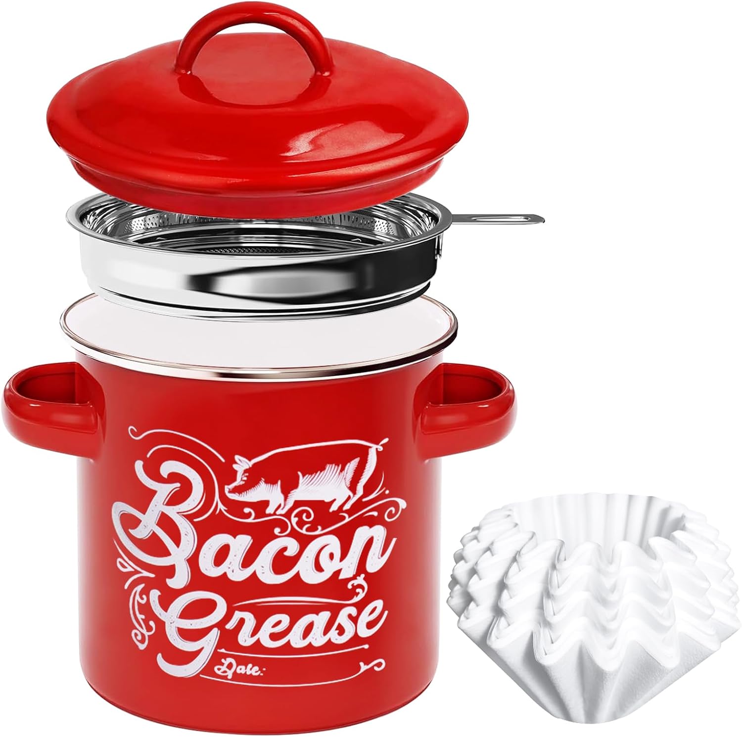 Bacon Grease Saver Container with Fine Strainer, Enamel