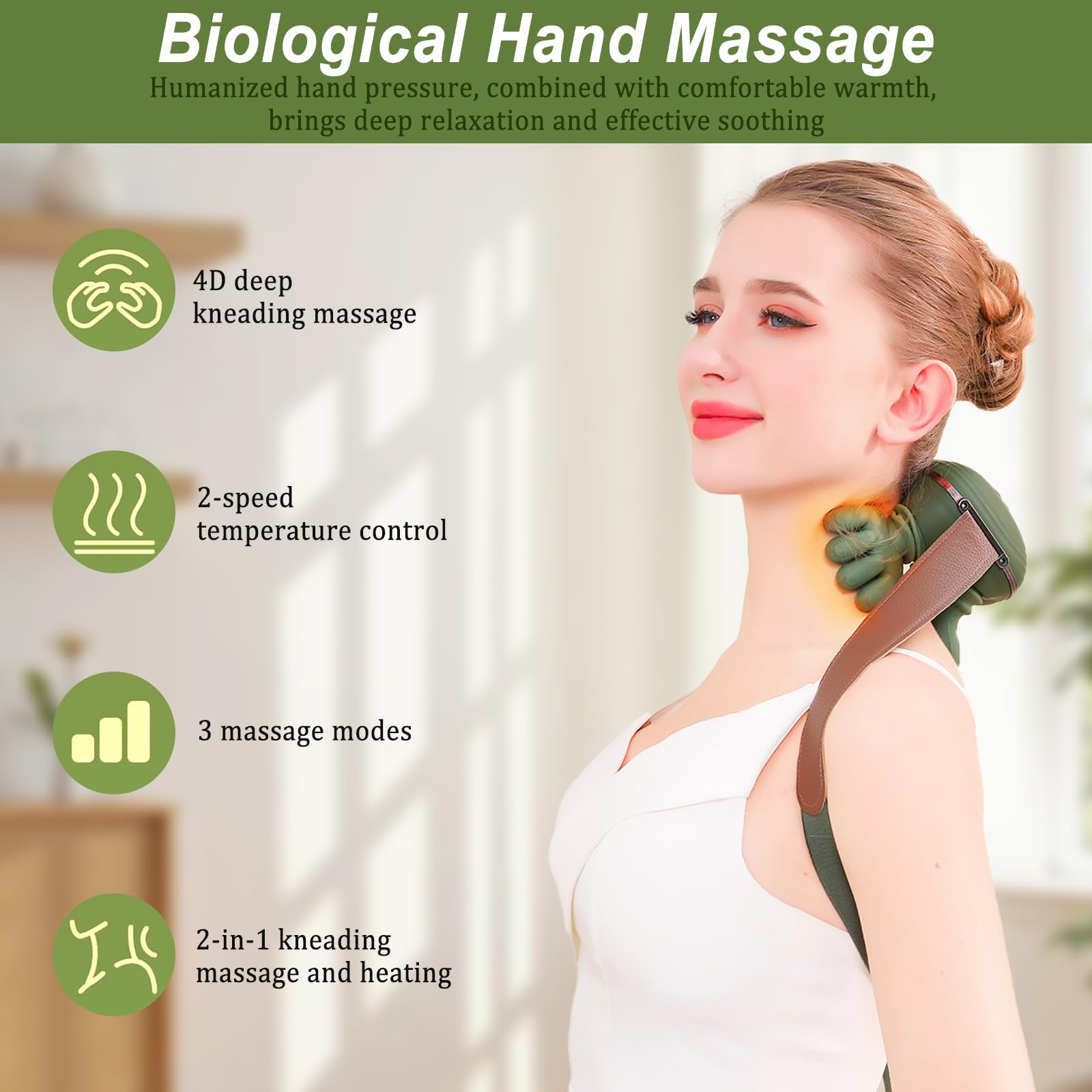 Masajeador Cervical y Espalda 4D Biónico Eléctrico Shiatsu Portátil con 3 Niveles de Intensidad y 2 Niveles de Calor (Verde)