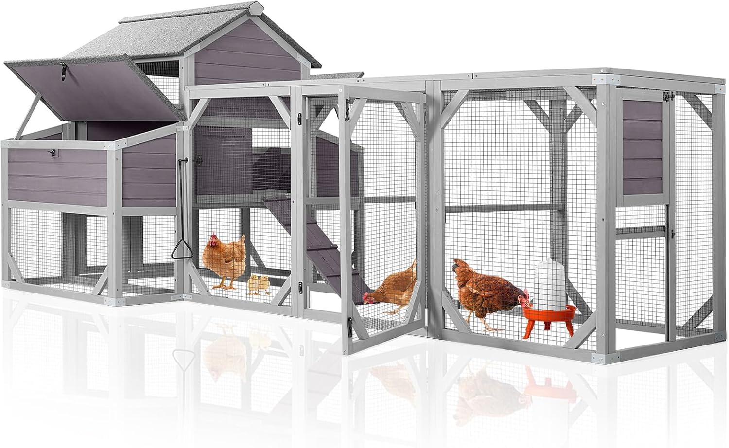 Aivituvin Extra Large Chicken Coop for 8-10 Chickens, Reinforced Structure Outdoor Wooden Chicken House with 6 Nesting Boxes, Extended Run, Waterproof Roof, Iron Edge, Grey, 118" L x 26" W x 50" H