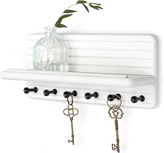 Rebee Vision Pine Key Holder Wall Mount with 6 Hooks for Room Decor, White | Pine Wood, 6 Key Hooks, Key Holder for Wall, Floating Shelf, Mail Organizer, Apartment Essential for Home Improvement