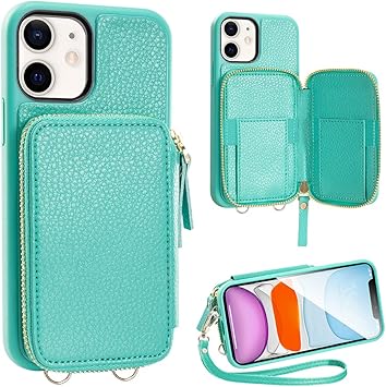 Iphone 11 Wallet Case Zve Iphone 11 Case With Credit Card Holder Slot Zipper Wallet Handbag Purse With Wrist Strap Protective Leather Case For Apple Iphone 11 6 1 Mint Green Amazon Co Uk Electronics