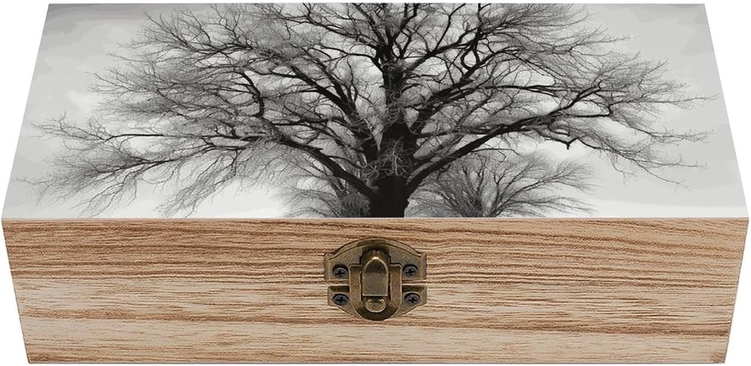 Small Wooden Storage Box with Lid - 7.9x3.9x2.3 Inch Black And White Tree Jewelry Box Vintage Keepsake Boxes Portable Jewelry Organizer Wood Trinket Box for Photos, Letters, Gifts