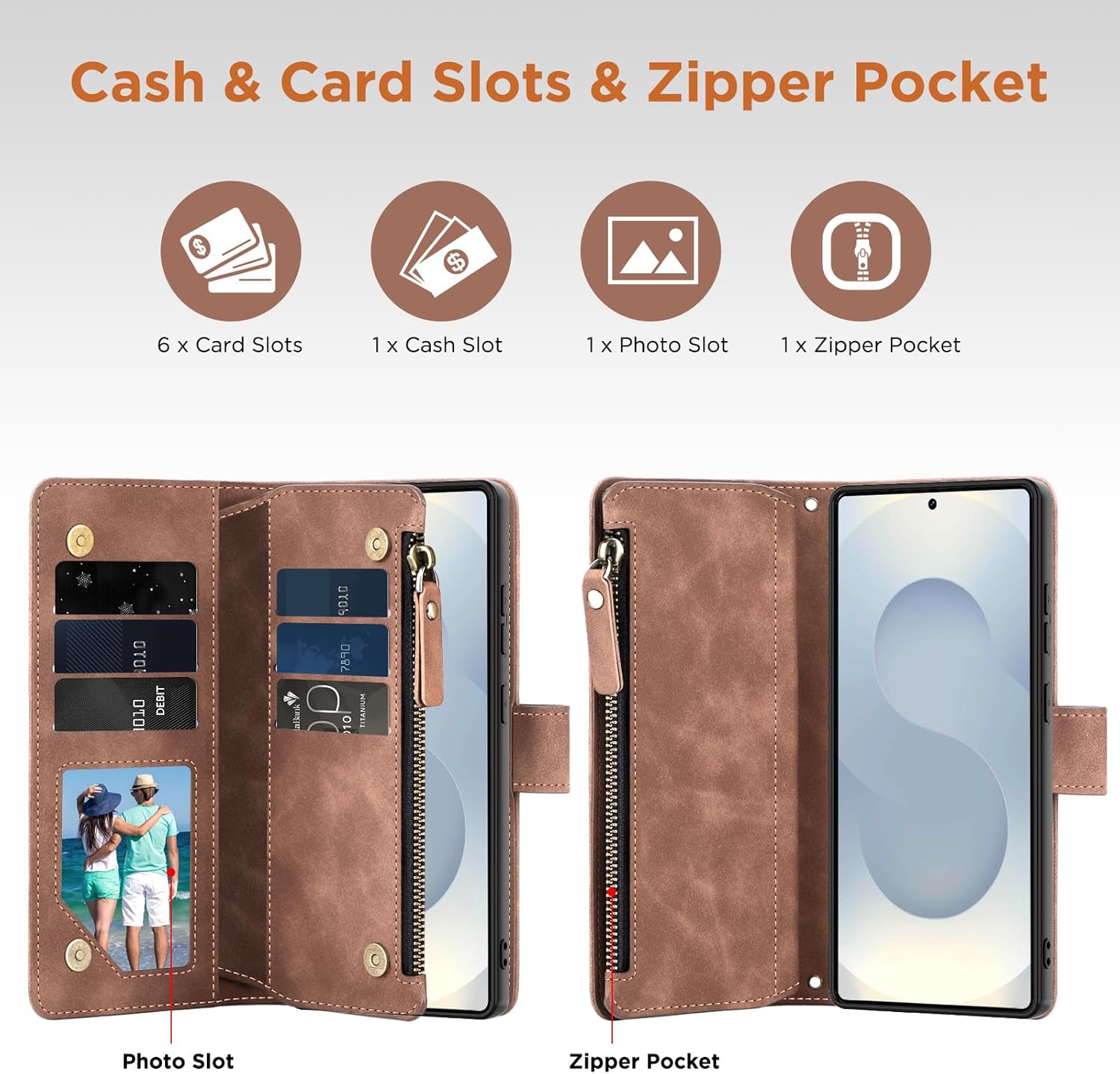 for Samsung Galaxy S25-Plus-Wallet Case: for Galaxy S24 Plus with RFID Blocking Card Slots (6 Cards) | Soft PU Leather Magnetic Snap Zipper Pocket Wrist Strap Protective Phone Cover - Brown - Image 3