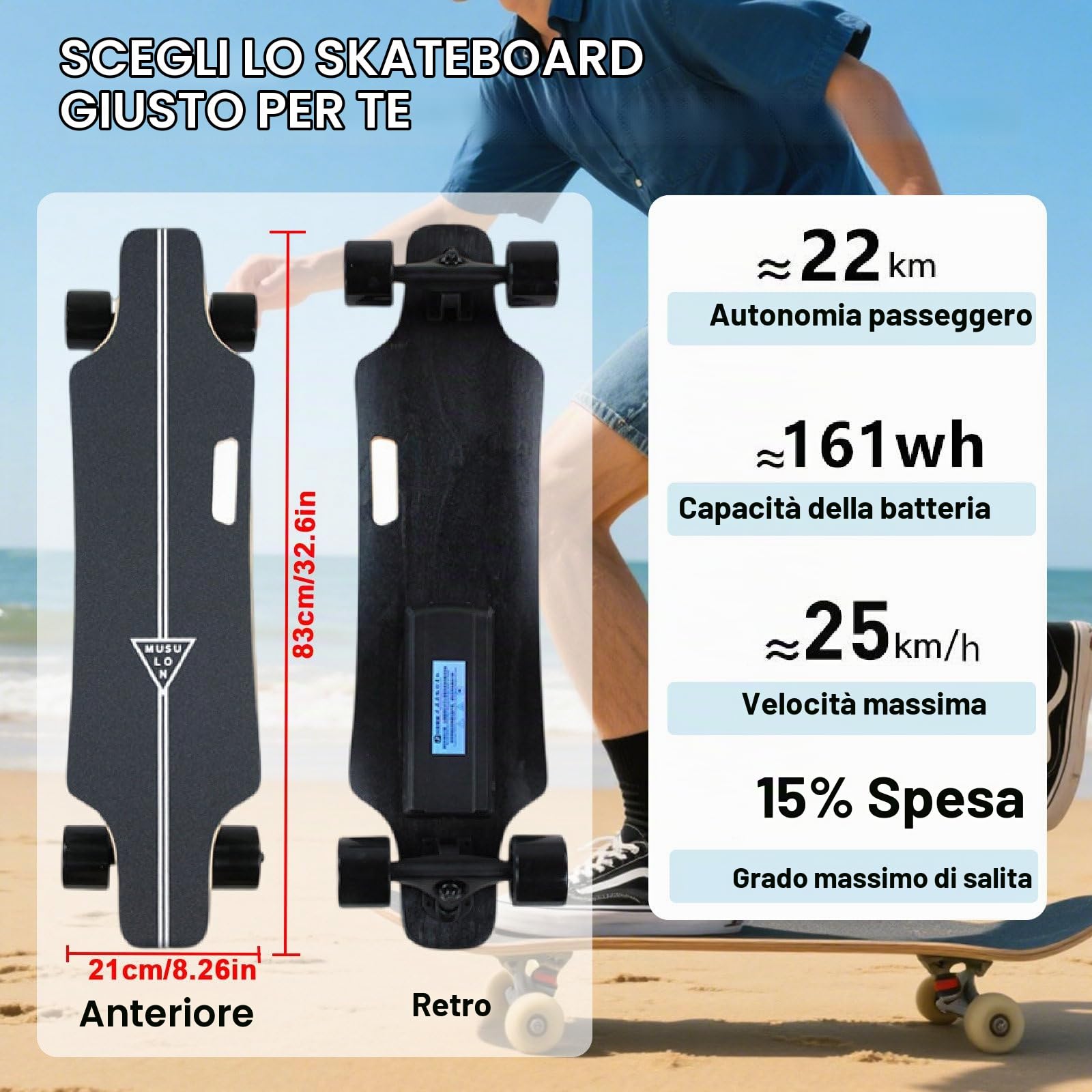 Skateboard Elettrici - Motore Brushless Da 700 W, Tavola In Acero A 7 Strati, Carico Massimo Di 330 Libbre, Cruiser Board Motorizzato, Autonomia Di 15-30 Km (Opzionale)