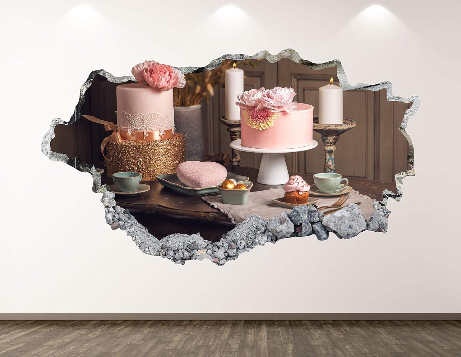 3D Wandtattoo Wanddurchbruch Wandaufkleber Kuchendesserts Wandsticker Wanddeko Wandbilder, Selbstklebend Wand Aufkleberfür Wohnzimmer Schlafzimmer Badezimmer Flur Küche Möbel Aufkleber 70x122cm