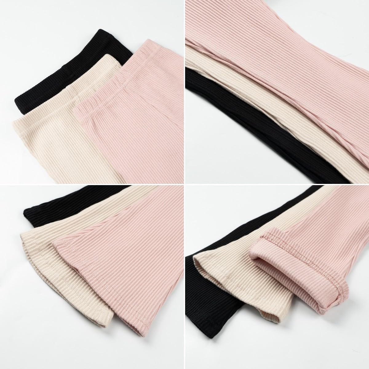 Miipat Toddler Girl Flare Pants 3 Pack Ruffle Ribbed Baby Bell Bottoms Slub Cotton Solid Elastic Waist Trousers