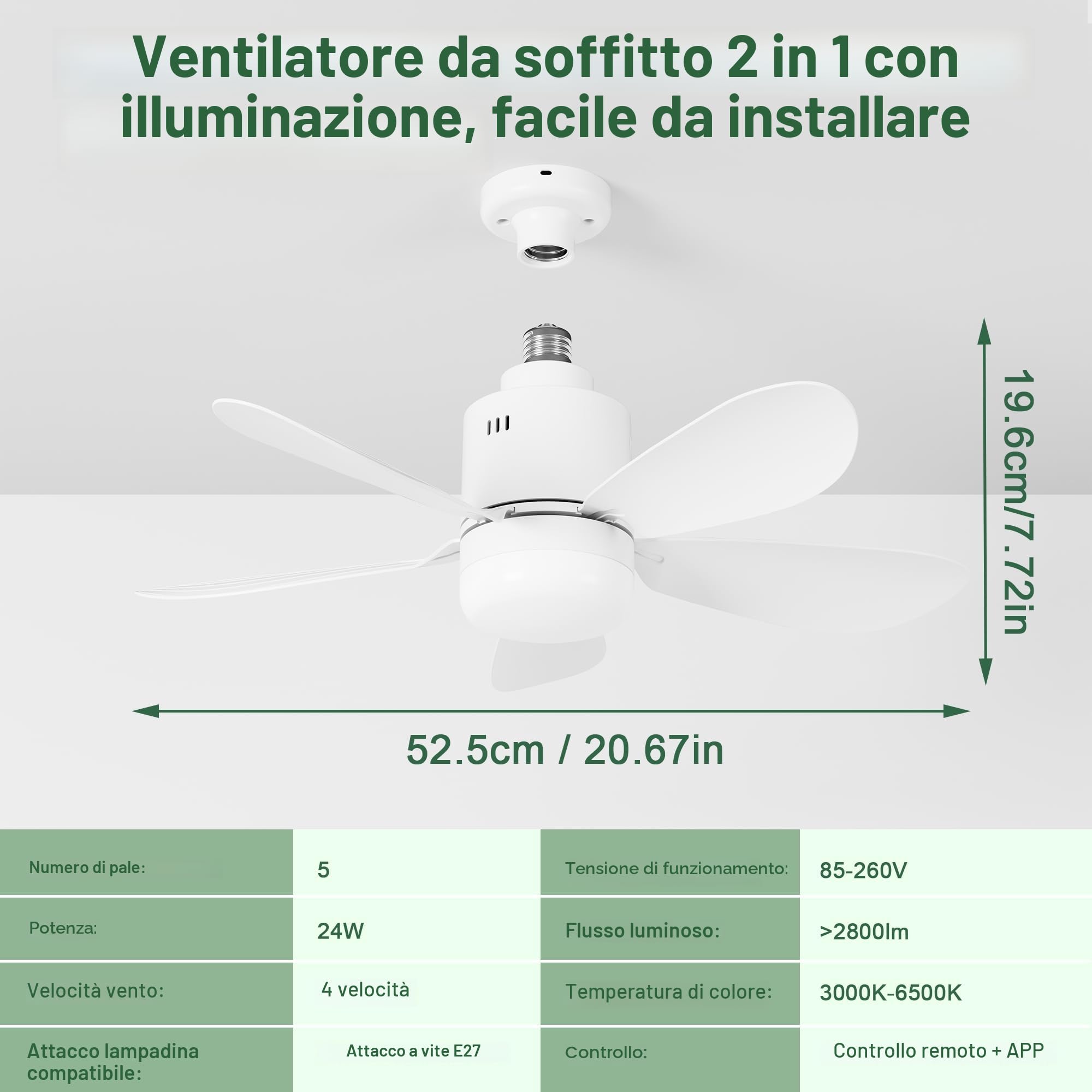 Ventilatore da Soffitto con Luce e Telecomando, 53cm Lampadario con Ventilatore da Soffitto 24W E27 Plafoniera Led Soffitto Silenziosa,4 Velocità per Camera da Letto, Cucina, Soggiorno