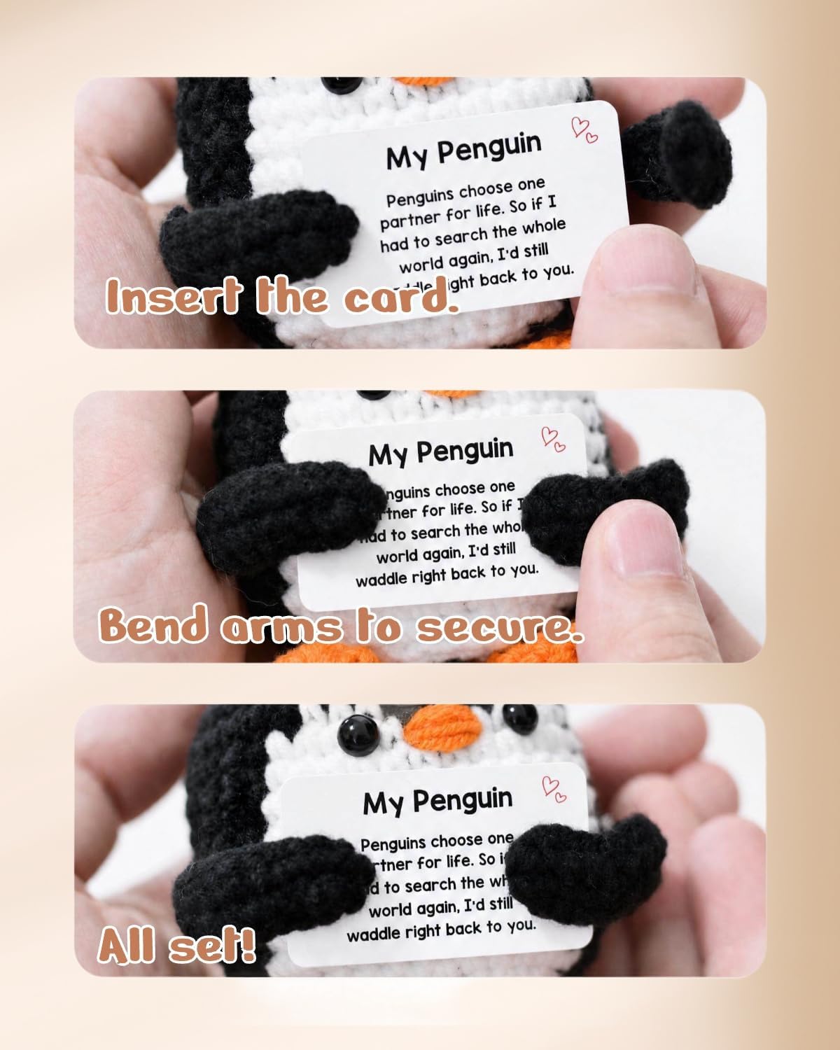Crochet Penguin Gift with Swapable Message Cards, Romantic Handmade Decor | Hand-crocheted design, 5 prewritten cards, 5 blank DIY cards, swapable messages, sweet desk or car gift for couples