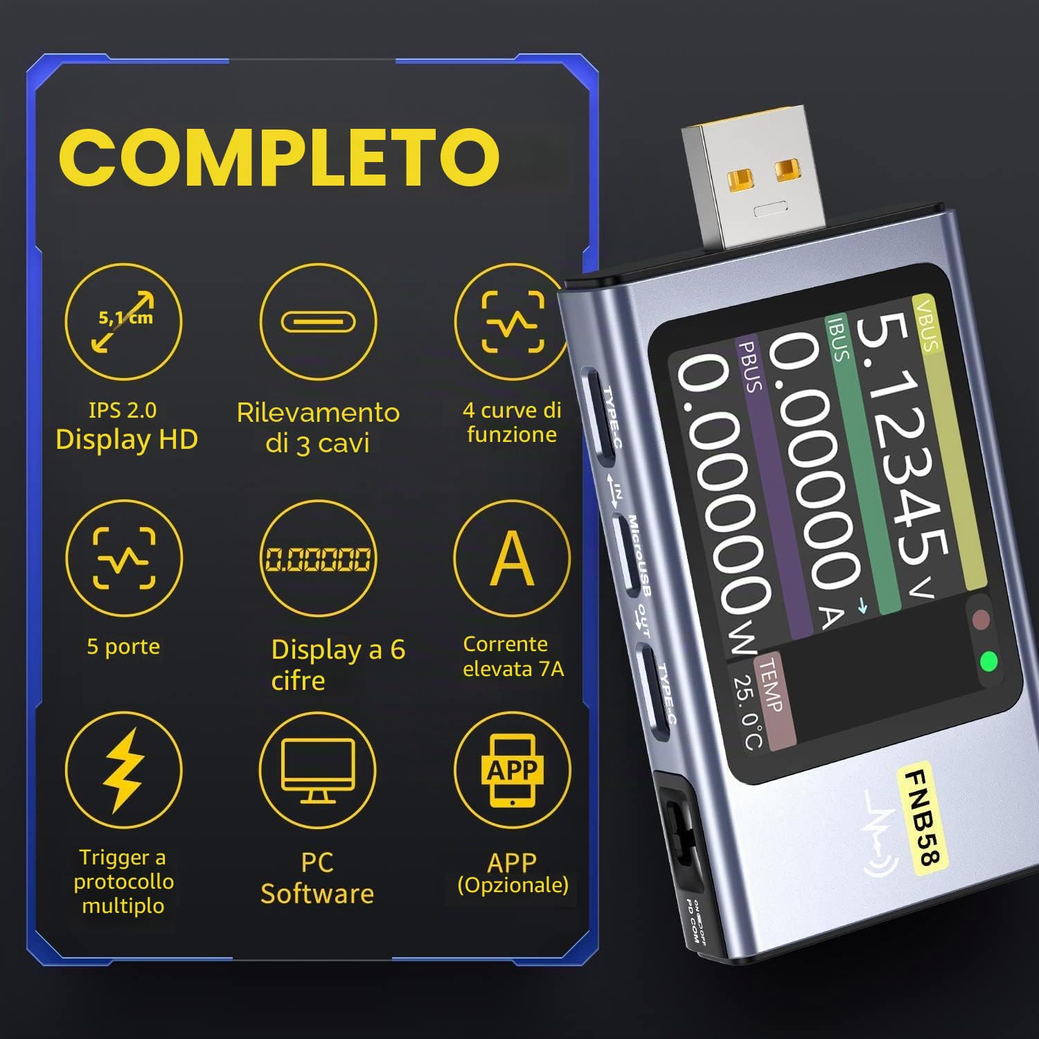 FNIRSI Tester USB 4-28V 7A con display LCD USB A&C, Multimetro per Test Tensione, Corrente, Capacità e Ripple con Software App, Rilevamento Rapido Della Ricarica, PD2.0/3.0, QC2.0/3.0