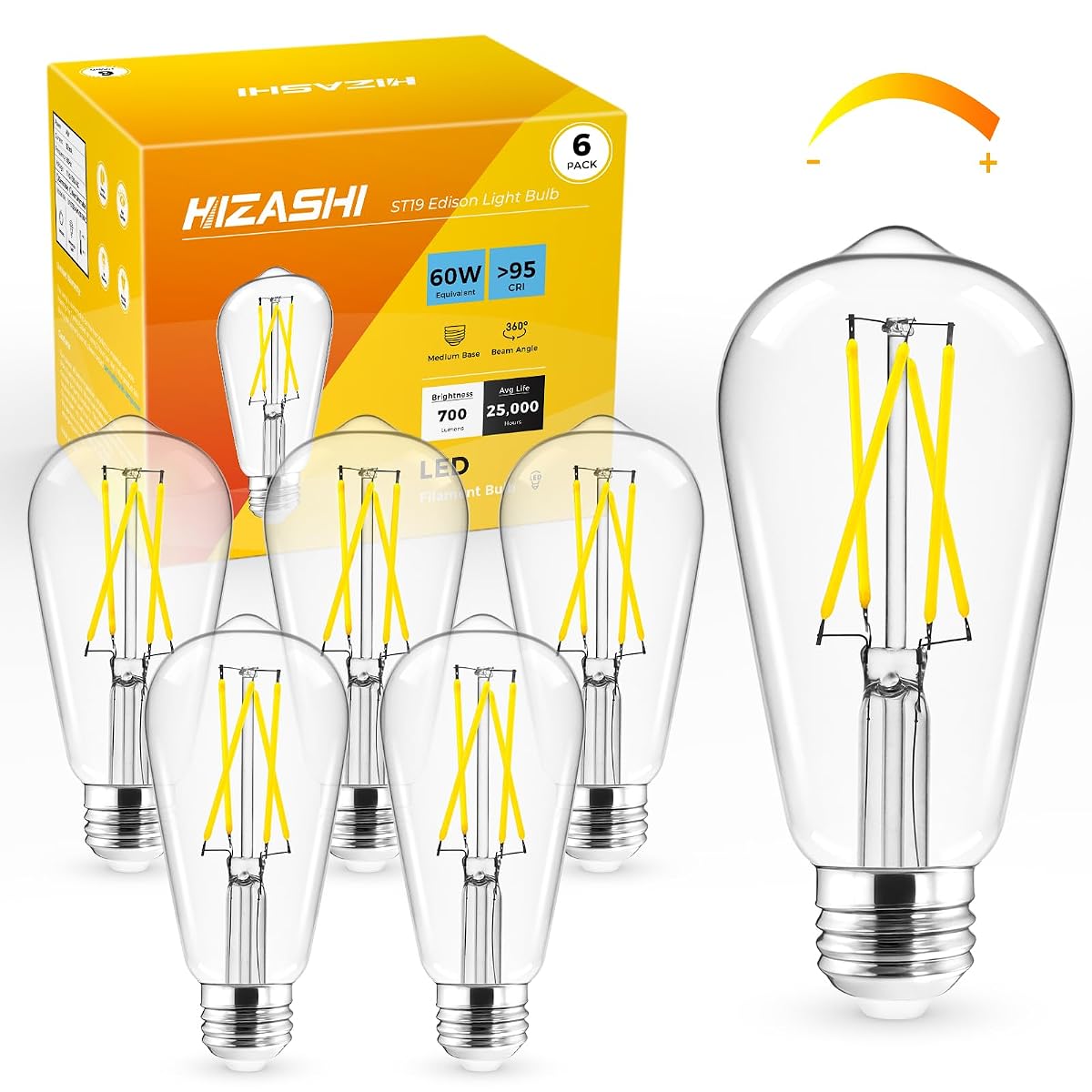 Hizashi LED Edison Bulbs, 6W (60W Equivalent), Dimmable, Daylight 5000K, Clear