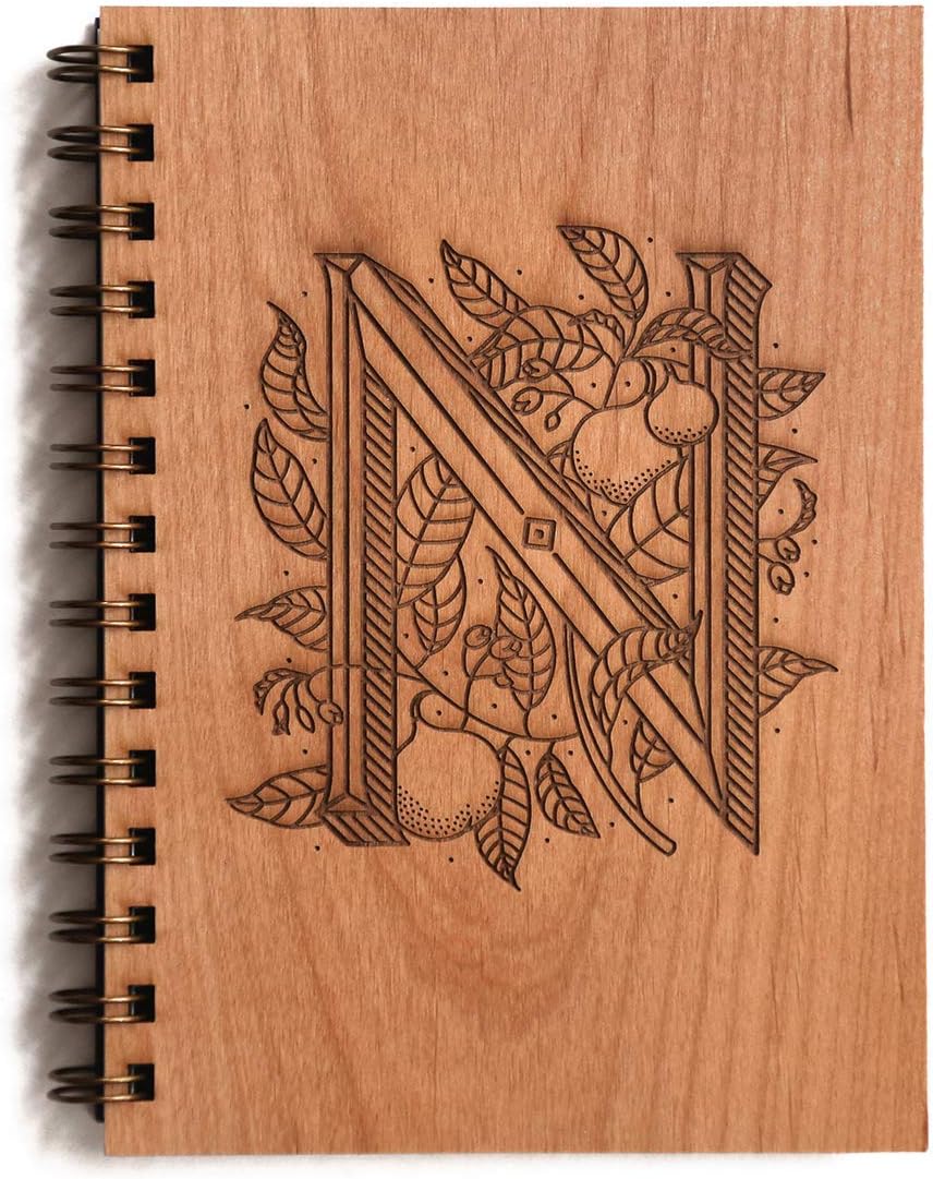 Floral Monogram N Wood Journal - Other Letters Available [Notebook, Sketchbook, Spiral Bound, Blank Pages]