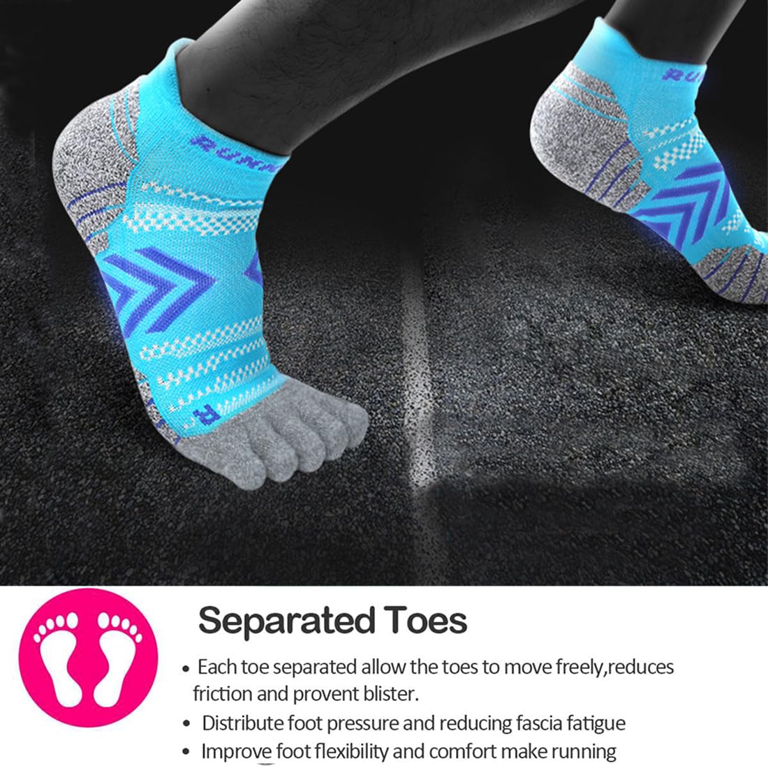 Calcetines de Correr Mujer Algodón Calcetines Cinco Dedos Separados de Deporte Tobilleros Amortiguado Running para Deporte Yoga Viajes - 6 Pares