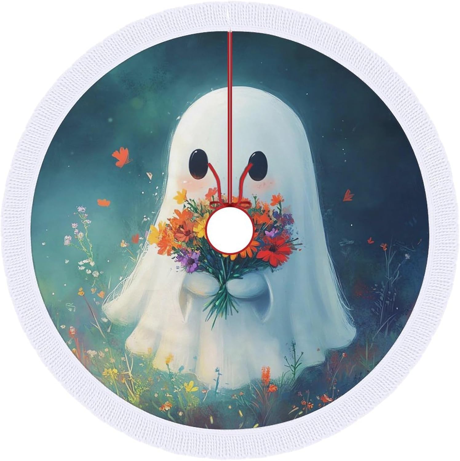 Ghost Flowers Christmas Tree Skirt Round Xmas Tree Mat Ornaments Tree Skirts with Tassels for Holiday Party