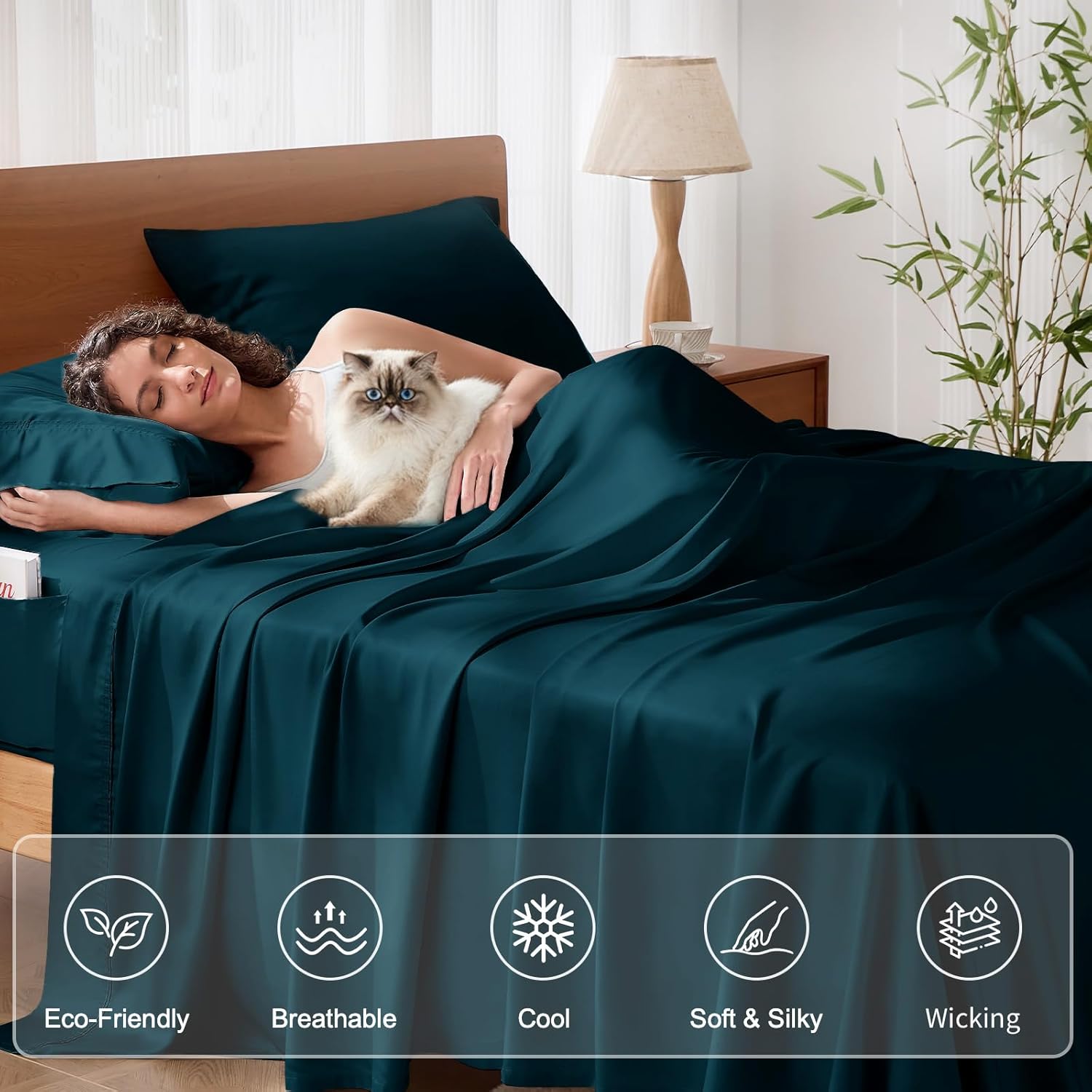 King Size Sheet Set, Viscose Bamboo Sheets for Bed Set 4pcs, 100% Viscose Derived from Bamboo, Hotel Luxury Silky & Cooling for Hot Sleepers, Deep Pocket Up to 17", Navy Blue