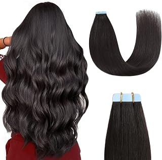 Sunya Tape in Hair Extensions Human Hair Black 24 inches Straight Tape in Real Human Hair Seamless Skin Weft Tape in Hair Extensions #1B Natural Black 50 Gram 20Pcs/Pack