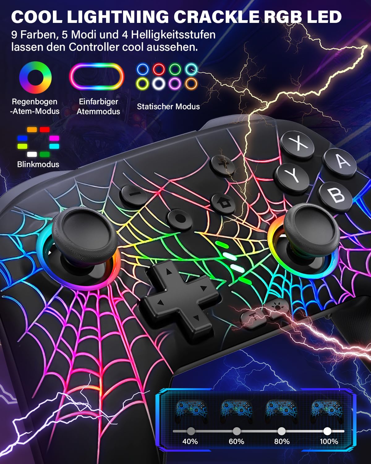 ZRZLMVP Switch Pro Controller für Switch/Switch 2/Oled/Lite - 1000 mAh Wiederaufladbar Wireless Switch Controllers mit 9 RGB Licht, Programmierbar, Wake Up Funktion, Turbo, Vibration - Spinngewebe