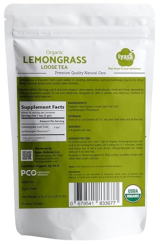 Miniatura 2 de Iyasa Holistics Té orgánico de hierba de limón cortes de hojas sueltas, Cymbopogon Flexuosus, tamizado, citronela de las Indias Orientales, hierba