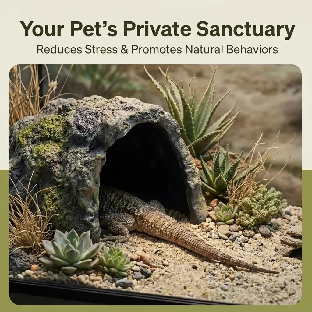 Large Size Rock Cave Habitat Hideout for Reptiles & Amphibians, Terrarium & Aquarium Decor, Perfect Hide Cave for Bearded Dragons, Lizards, Snakes, Turtles, Geckos, Tortoises & Small Animals