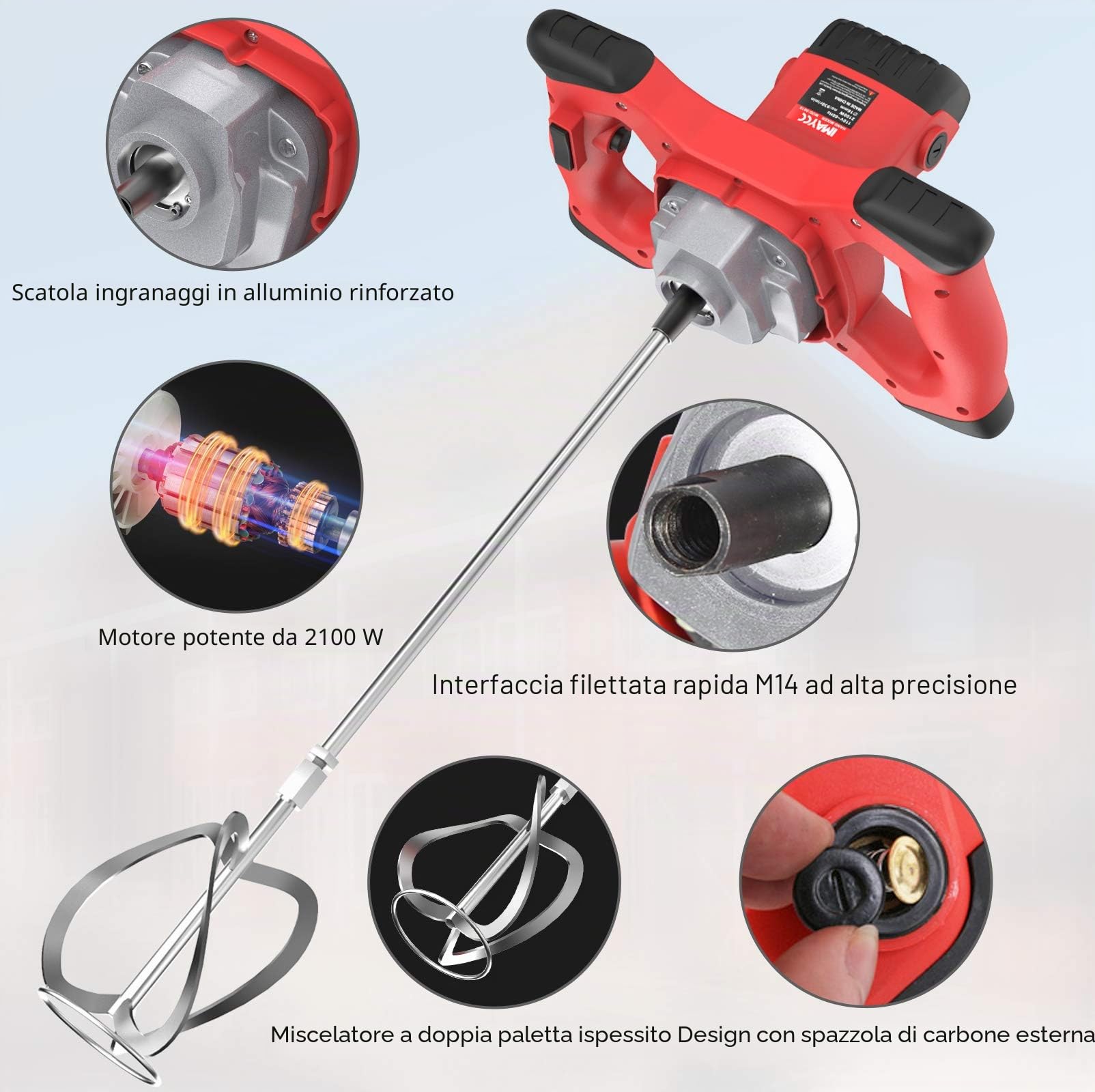 IMAYCC Mescolatore per Malta, 2100W, 270–930 Giri/Min, 6 Marce, Miscelatore per Calcestruzzo, 220 V, M14, Agitatore Manuale per Mangime, Gesso.