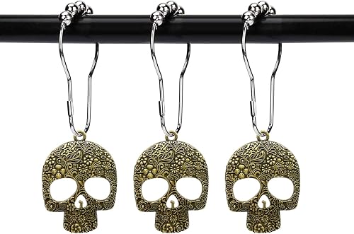 ZILucky Juego de 12 ganchos decorativos de acero inoxidable para cortina de ducha, diseño de calavera de azúcar, accesorios de decoración (bronce)