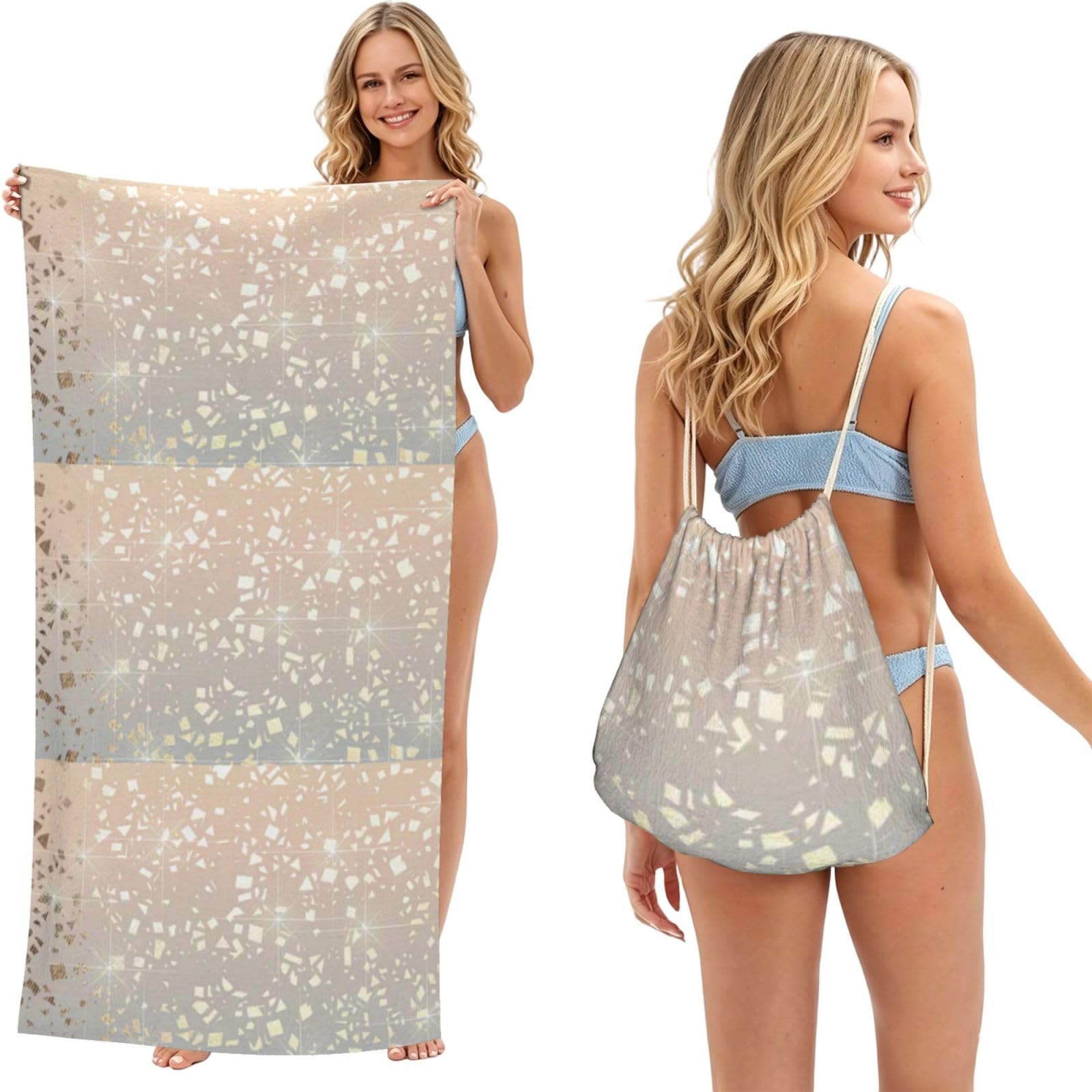 Poadnly As Picture Vintage Glam Gold Star Foil Sparkle, 2 In 1 Packable Towel Bag, Beach Towels With Drawstring Backpack For Travel Holiday Camping