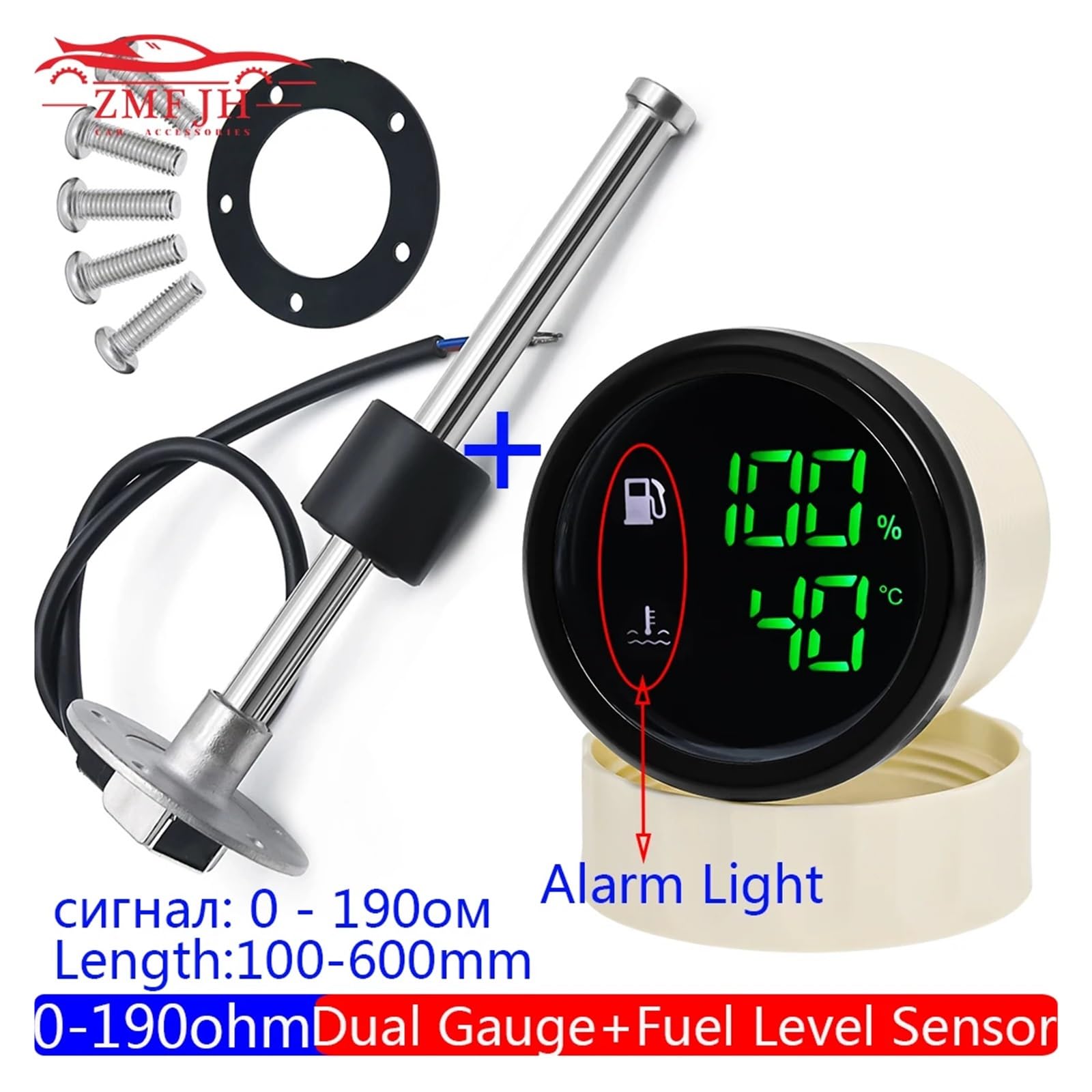 0-190 Ohm Fuel Level Sensor+Fuel Level Gauge With Alarm Light Digital 2" 52MM Dual Gauge Water Temperature Meter Boat Car 12V24V(250mm)