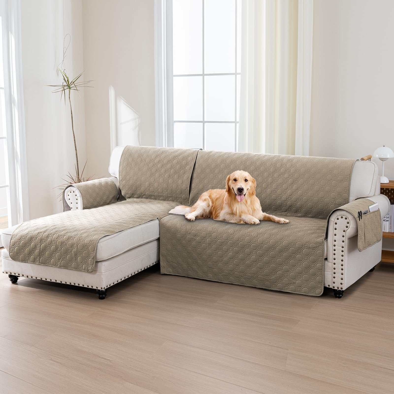 BellaHills 100% Impermeabile Copridivano 3 Posti Con Penisola a Sinistra - Copridivano Angolare - Antiscivolo - Antimacchia - Antigraffio Copridivano, Seduta 205cm, Taupe
