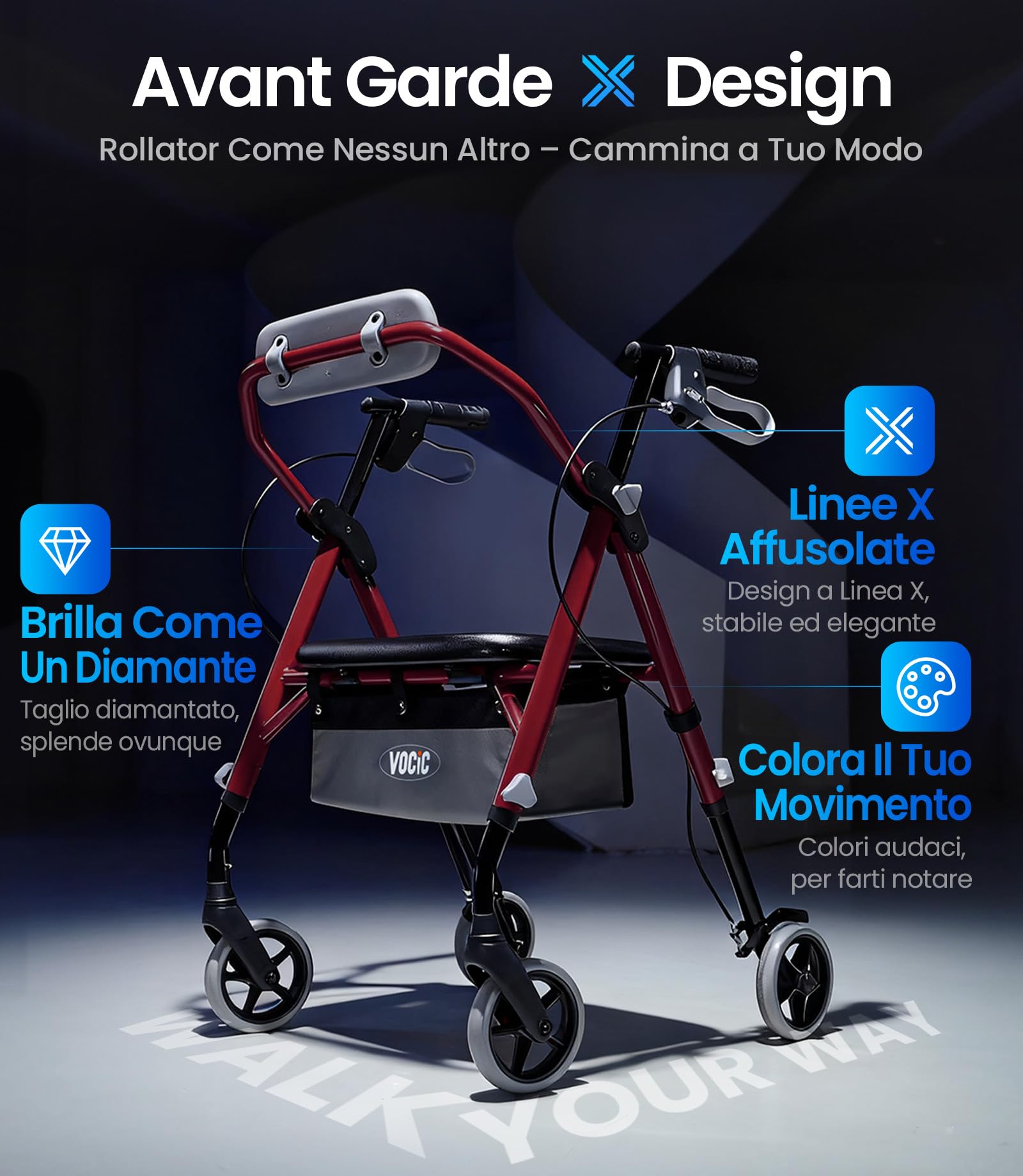 VOCIC Deambulatore pieghevole e leggero con seduta, 6,3 kg ultraleggero | Deambulatore per anziani, max 150 kg, sedile ergonomico, altezza regolabile, walker stretto per casa & viaggi, granata
