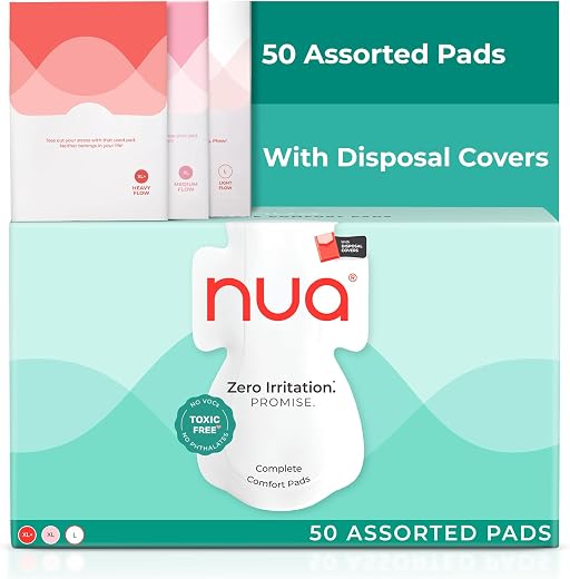 Nua Complete Comfort Sanitary Pads for Sensitive Skin | Pack of 50 Pads (12 Heavy Flow, 20 Medium Flow, 18 Light Flow) wit...